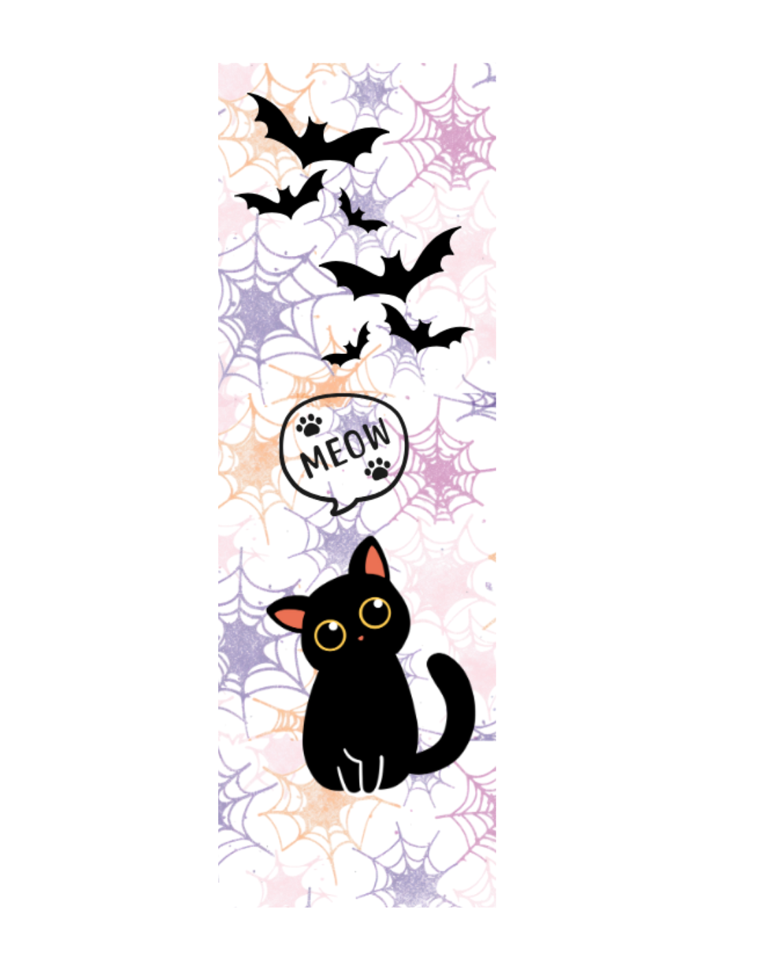 Halloween-themed design with a black cat, bats, and spider webs on a white background.
