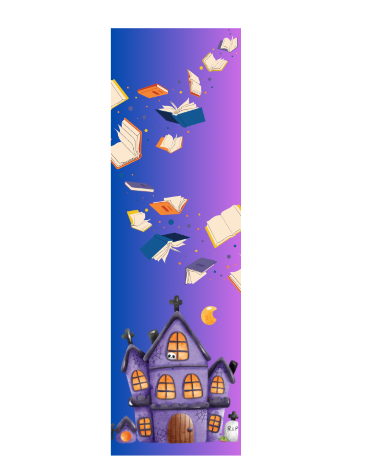 Decorative bookmark with a haunted house and books on a purple background