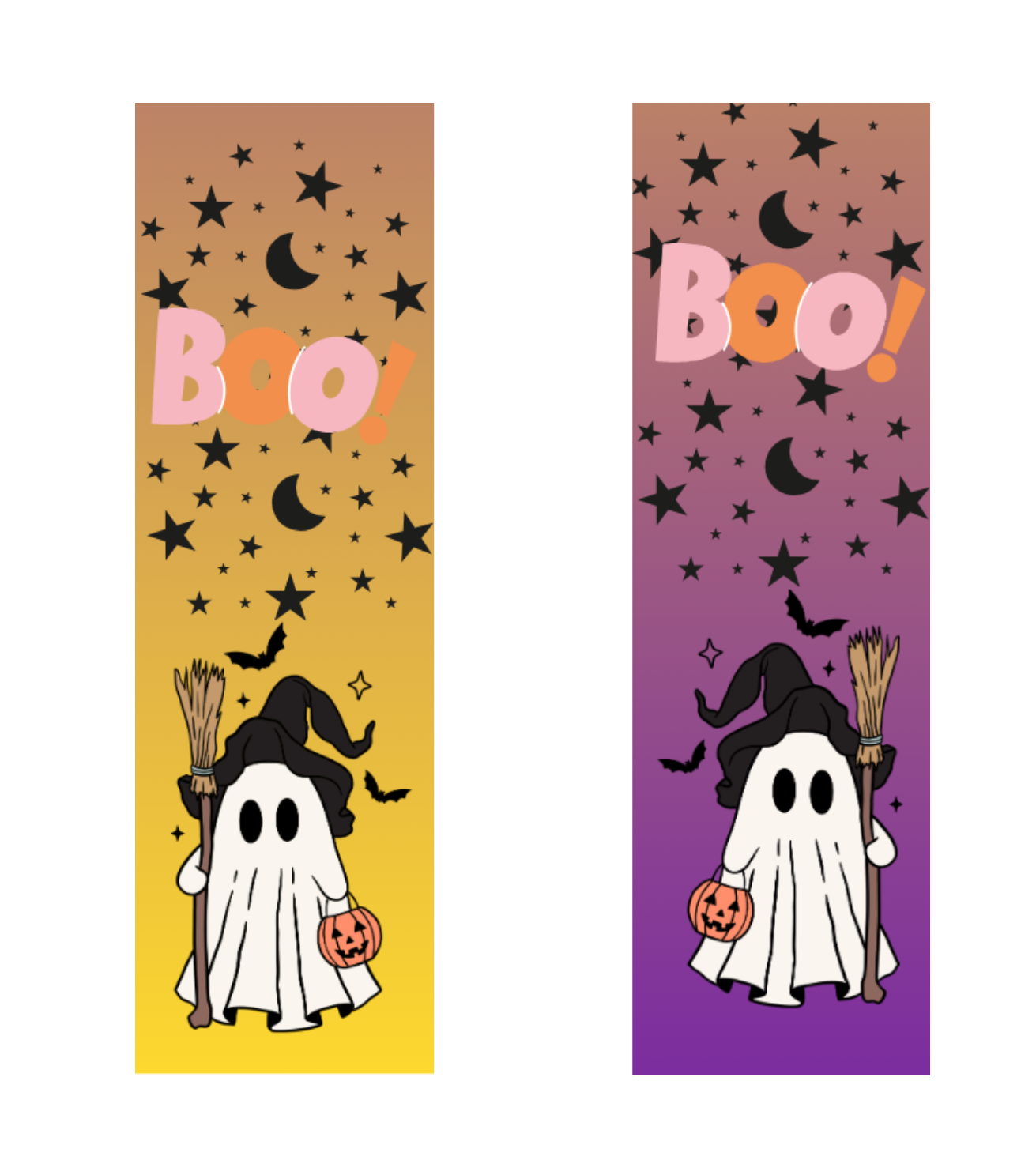 Halloween-themed bookmarks with Ghost carrying pumpkin basket. Front in a yellow background with 'BOO' text and the back is a purple background.