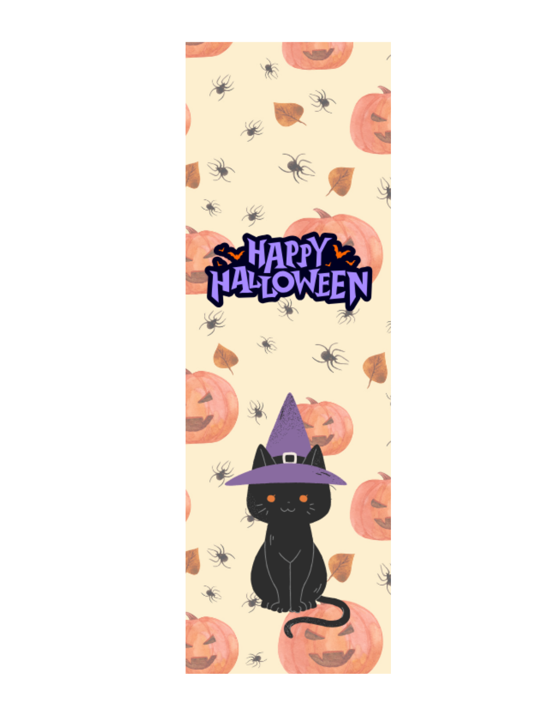 Halloween-themed product with a black cat in a witch hat, pumpkins, and spiders on a beige background.