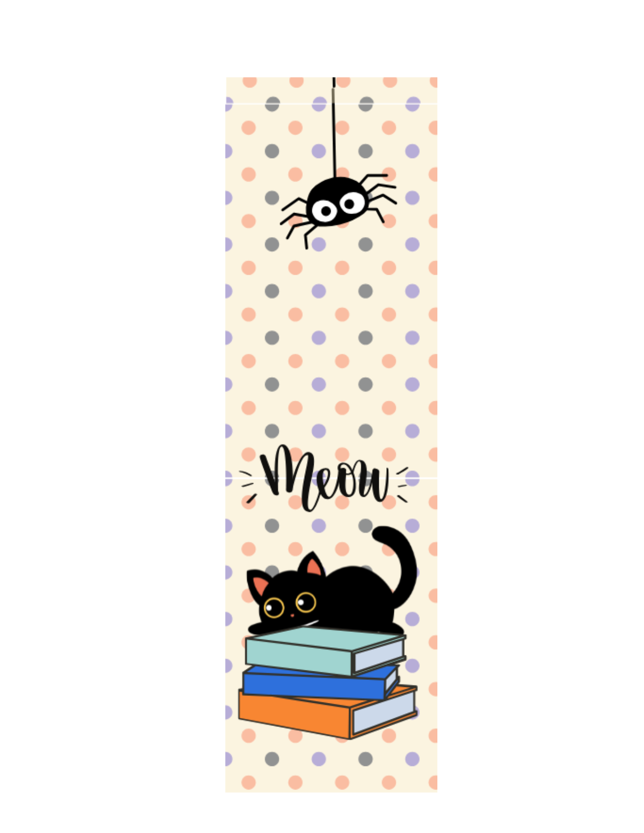 Bookmark with a cat on books design and 'Meow' text on a polka dot background.