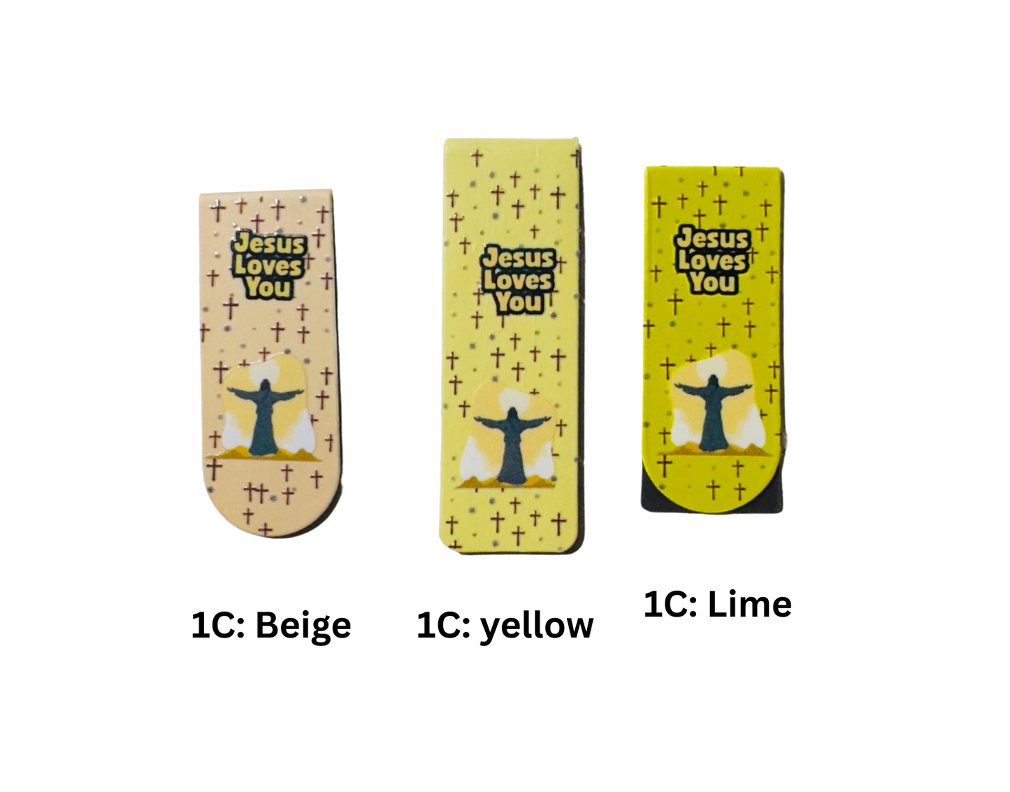 Three bookmarks with 'Jesus Loves You' text and a dove illustration on a white background.